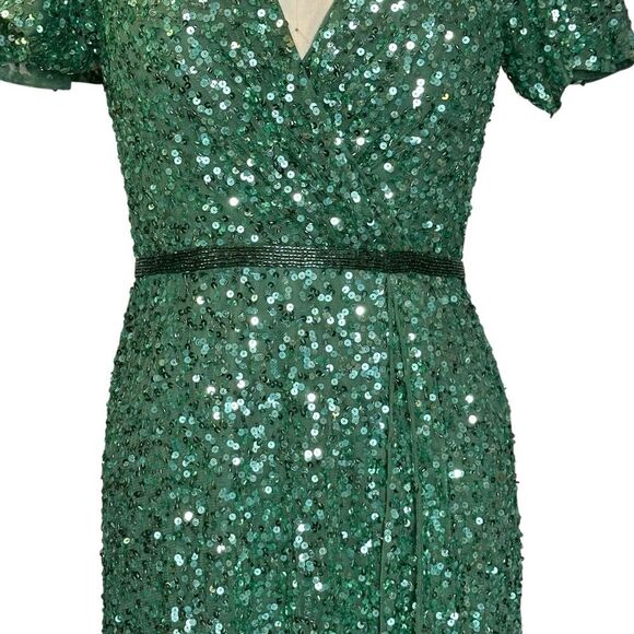 Mac Duggal Green Sequin Wrap Over Butterfly Sleeve Gown | 8 - Picture 6 of 11